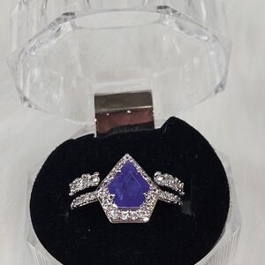 Silver-Tone Ring with Faceted Purple Gem and Pavé Accents